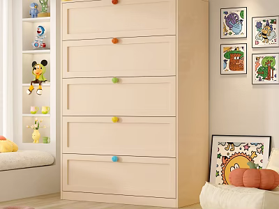 Beige Chest of Drawers with Colorful Knobs in Children's Room with Paintings and Stuffed Toys 3d model
