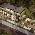Modern Two Story Townhouse Exterior With Balconies Greenery Surrounding Trees And Stone Fence
