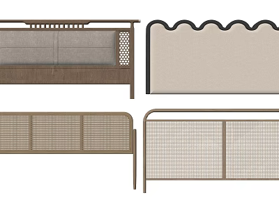 Diverse Stylish Bed Frames With Wooden Rattan Upholstered Scalloped And Striped Headboard Designs 3d model