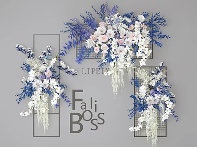 Elegant Home Floral Arrangement With White Pink Blue Flowers On Grid Frame Decor 3d model