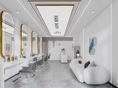 Modern Hair Salon Interior With Styling Chairs Mirrors Sofa And Ceiling Sign 3d model