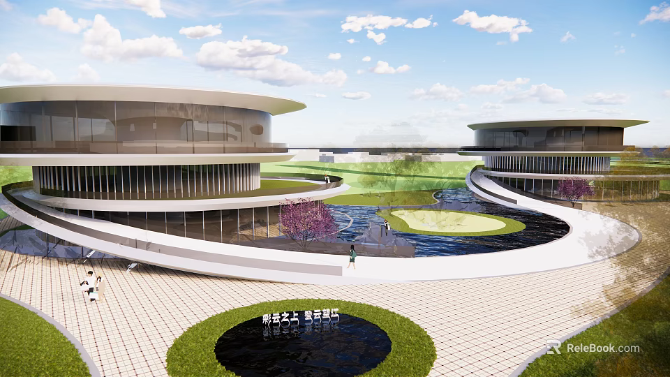 Modern Circular Architectural Complex With Green Lawns Water Ponds And Walkways 3d model 