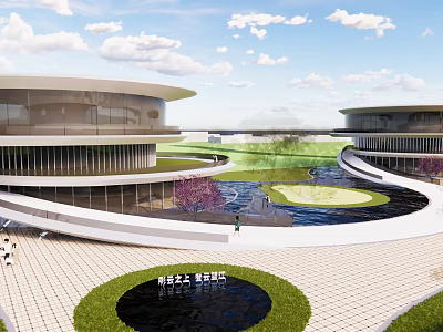 Modern Circular Architectural Complex With Green Lawns Water Ponds And Walkways 3d model