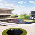 Modern Circular Architectural Complex With Green Lawns Water Ponds And Walkways