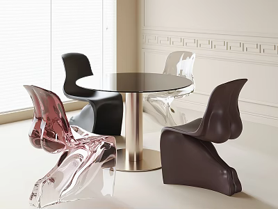 Modern Round Glass Top Table And Chair Set With Black Transparent Brown Chairs 3d model