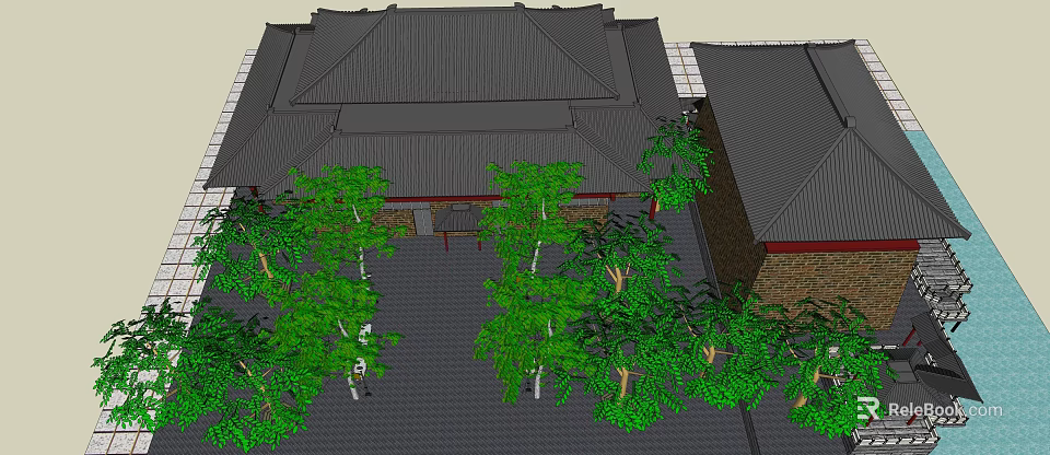 Traditional Chinese Garden Courtyard With Black Roof Green Trees And Paved Ground 3d model 