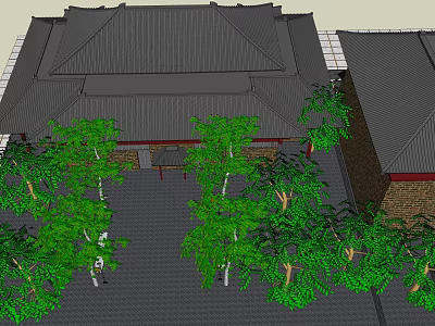 Traditional Chinese Garden Courtyard With Black Roof Green Trees And Paved Ground 3d model
