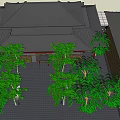 Traditional Chinese Garden Courtyard With Black Roof Green Trees And Paved Ground