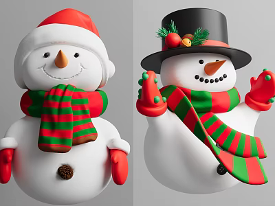 Christmas Snowman Dolls With Santa Hat Top Hat Red Gloves And Green Red Striped Scarves 3d model