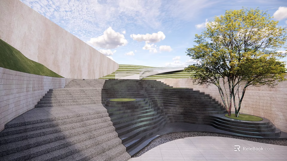 Park Landscape With Curved Stairs Green Grass Slopes And Trees Under Blue Sky 3d model 