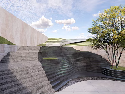 Park Landscape With Curved Stairs Green Grass Slopes And Trees Under Blue Sky 3d model