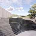 Park Landscape With Curved Stairs Green Grass Slopes And Trees Under Blue Sky