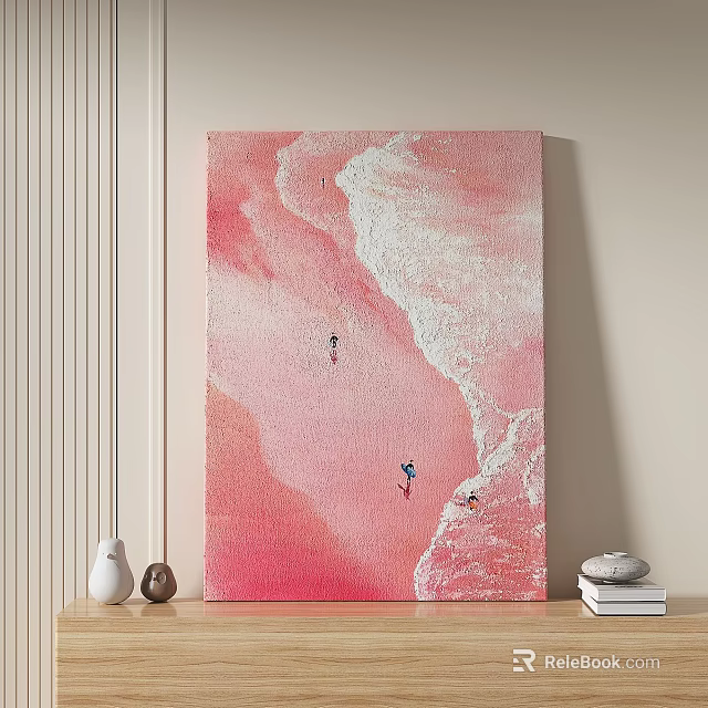 Abstract Painting With Pink And White Wavy Textures And Human Silhouettes In Beach Scene 3d model