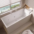 Modern White Bathtub by Window with Scenic Riverside View Ambient Lighting and Toiletries Towels