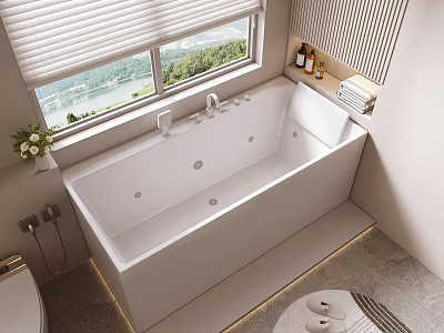 Modern White Bathtub by Window with Scenic Riverside View Ambient Lighting and Toiletries Towels 3d model