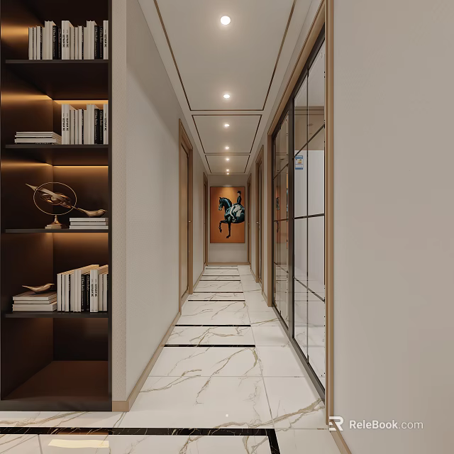 Modern Entryway Hallway Design With Bookshelves Books Horse Statue Marble Tiles And Glass Doors 3d model 
