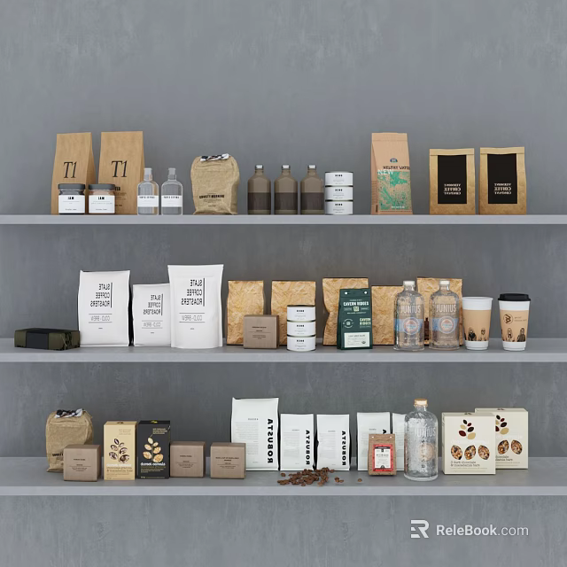 Assorted Food Packaging Products On Gray Shelves With Coffee Items And Containers 3d model