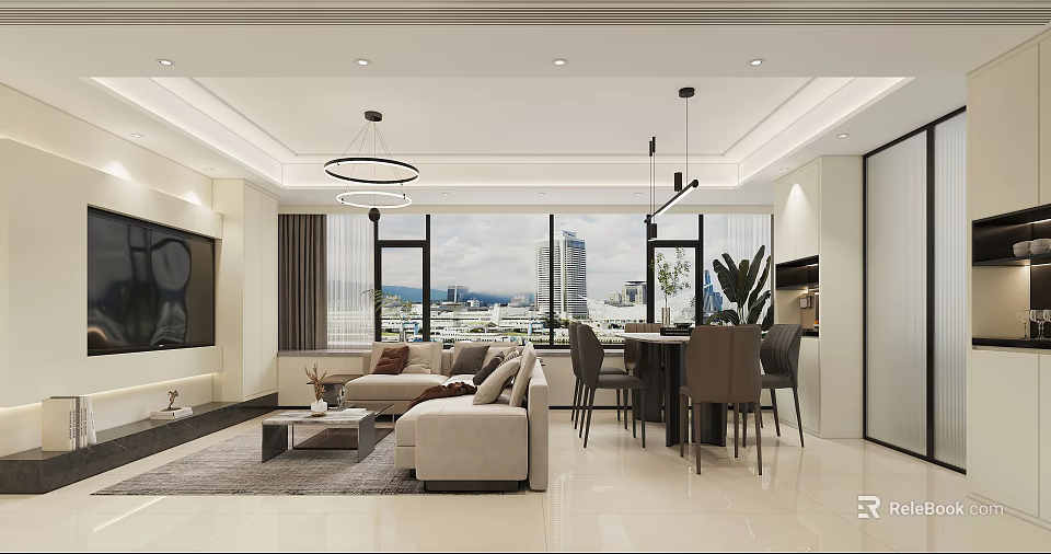 Bright Modern Open Plan Living And Dining Room With Cozy Furniture And Panoramic City View 3d model 