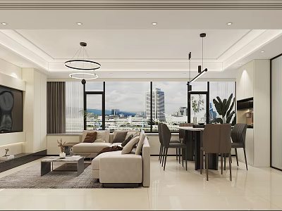 Bright Modern Open Plan Living And Dining Room With Cozy Furniture And Panoramic City View 3d model