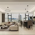Bright Modern Open Plan Living And Dining Room With Cozy Furniture And Panoramic City View