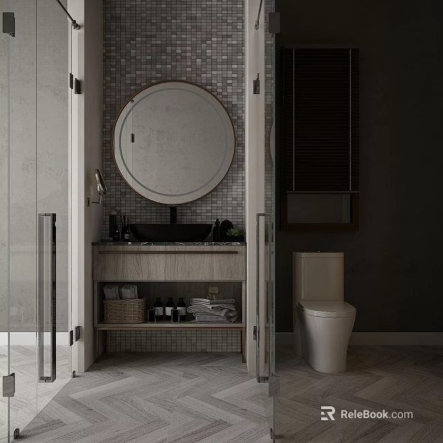 Modern Bathroom Interior With Round Mirror Vanity Toilet And Gray Tiles 3d model 