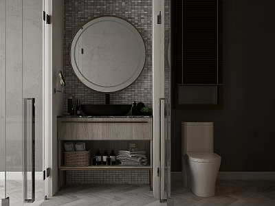 Modern Bathroom Interior With Round Mirror Vanity Toilet And Gray Tiles 3d model