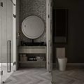 Modern Bathroom Interior With Round Mirror Vanity Toilet And Gray Tiles