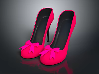 Fashionable Pink Women's High Heels With Round Toe And Bow Decoration 3d model