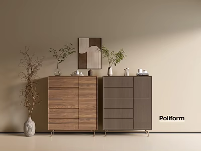 Modern Walnut Entryway Cabinet and Gray Side Cabinet with Potted Plant Mirror Vase Decor 3d model