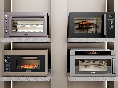Modern Kitchen Appliances With Four Ovens On Shelves And Pizza Inside 3d model