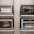 Modern Kitchen Appliances With Four Ovens On Shelves And Pizza Inside