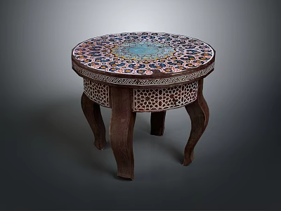 Floral Pattern Mosaic Topped Round Table With Carved Wooden Legs 3d model