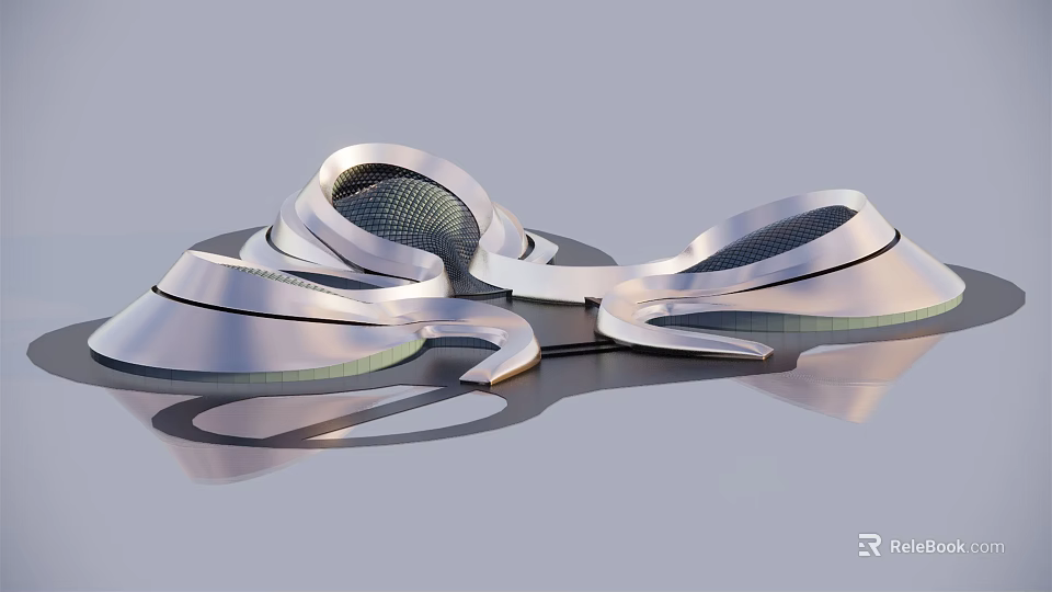 Modern Abstract Metal Sculpture With Curved Geometric Silver Reflective Surface Design 3d model 