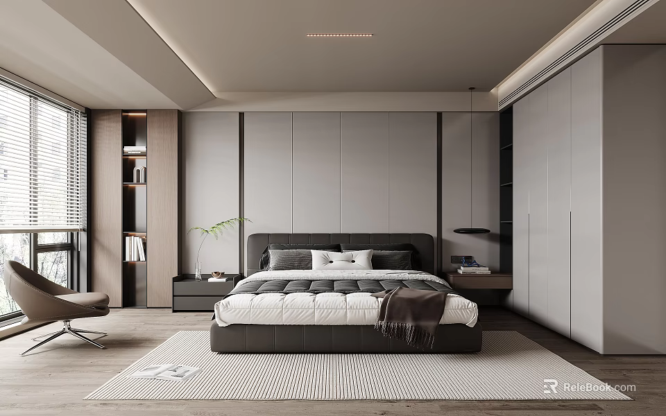Modern Bedroom Interior Design With Bed Nightstand Wardrobe Bookshelf And Area Rug 3d model 