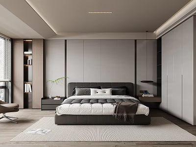 Modern Bedroom Interior Design With Bed Nightstand Wardrobe Bookshelf And Area Rug 3d model