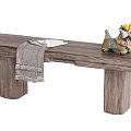 Rustic Wooden Bench with Gray Blanket White Cloth and Colorful Decorative Item on Seat
