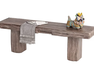 Rustic Wooden Bench with Gray Blanket White Cloth and Colorful Decorative Item on Seat 3d model