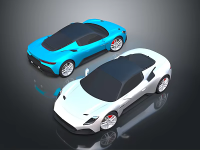 Sleek Blue And White Sports Cars With Red Brake Calipers And Reflective Black Background 3d model