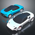 Sleek Blue And White Sports Cars With Red Brake Calipers And Reflective Black Background