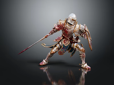 Game Movie Character Knight in Red Decorative Armor With Bloody Sword Shield and Battle Pose 3d model