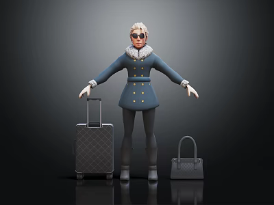 Woman In Blue Coat With Fur Collar And Sunglasses Standing By Travel Suitcase And Handbag 3d model