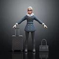 Woman In Blue Coat With Fur Collar And Sunglasses Standing By Travel Suitcase And Handbag