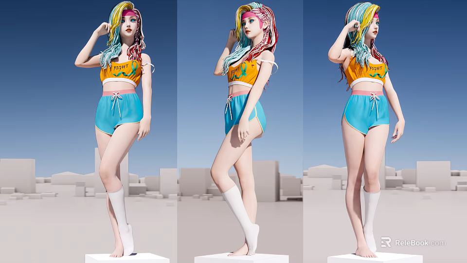 Colorful Haired Woman in Yellow Crop Top Blue Shorts White Socks Urban Platform 3d model 