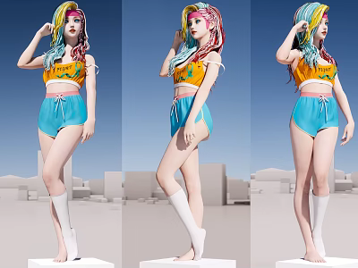 Colorful Haired Woman in Yellow Crop Top Blue Shorts White Socks Urban Platform 3d model