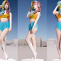 Colorful Haired Woman in Yellow Crop Top Blue Shorts White Socks Urban Platform