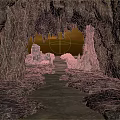 Cave Interior With Stalactites Rocky Walls Orange Light And Stone Path