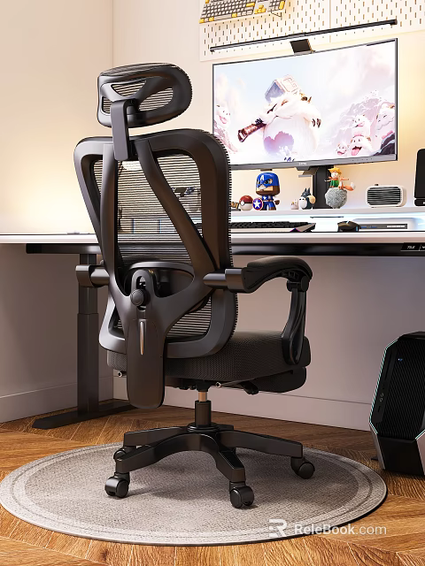 Ergonomic Mesh Back Office Chair In Home Office Setup With Monitor And Desk 3d model 