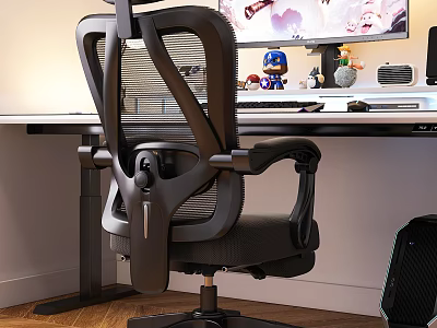 Ergonomic Mesh Back Office Chair In Home Office Setup With Monitor And Desk 3d model