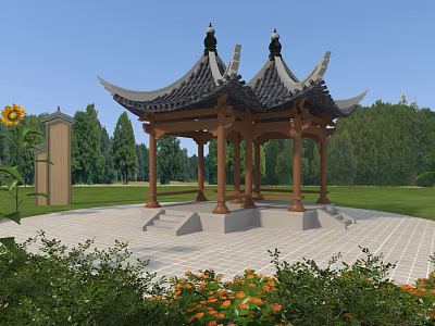 Traditional Chinese Pavilion Classic Roof Wooden Columns On Green Lawn With Stone Stele Trees Flowers 3d model