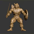 Golden Muscular Warrior Statue Holding Sword And Shield On Black Background
